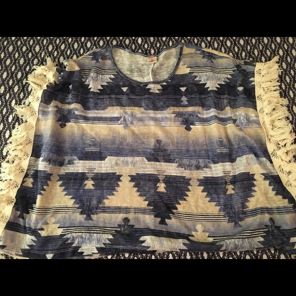 Tribal Blue and Tan shirt with Ruffled Sleeves